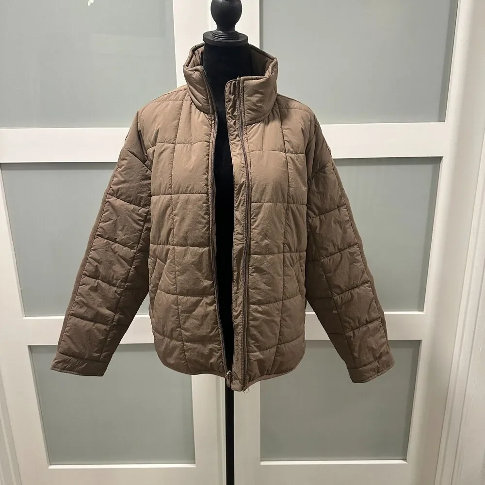Roxy Quilted Puffer Jacket Brown Warm Mock Neck Full Zip Boxy Size Medium M